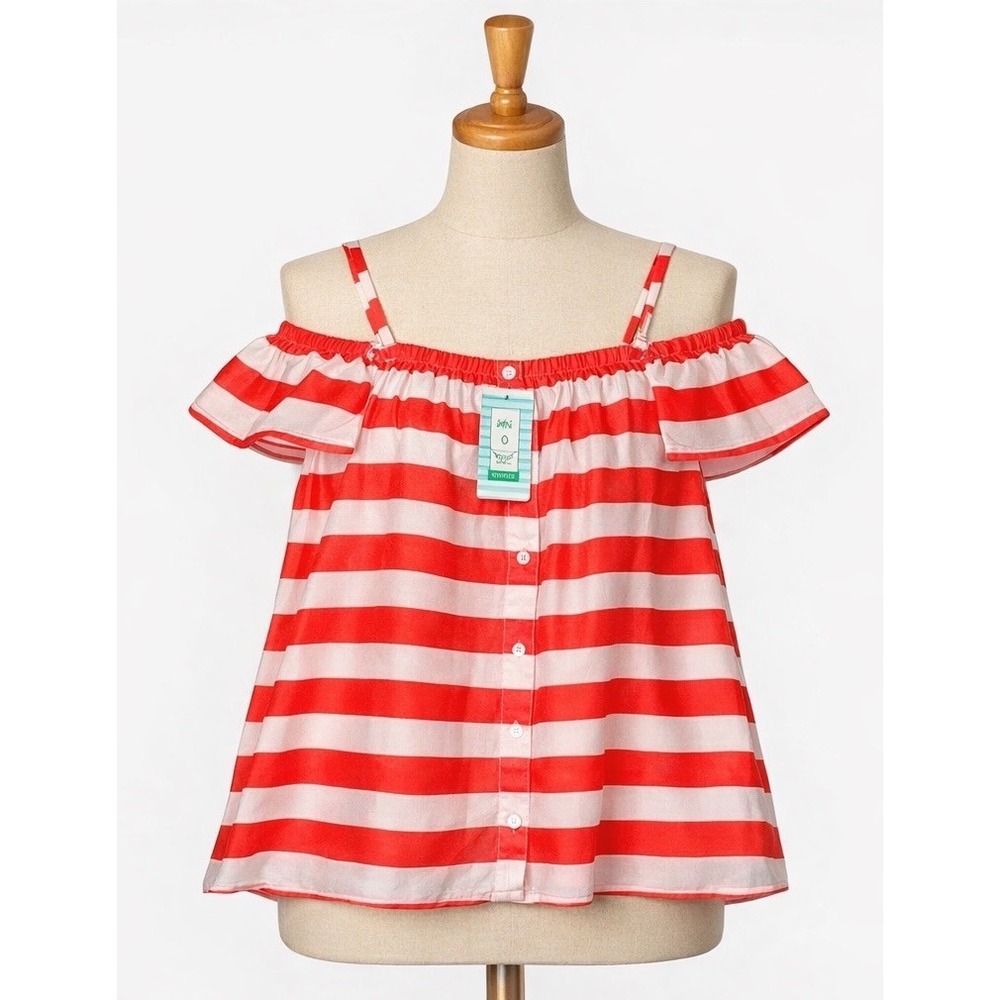 Womens Red White Striped Off Shoulder Ruffle Top Small Cotton Blouse NWT